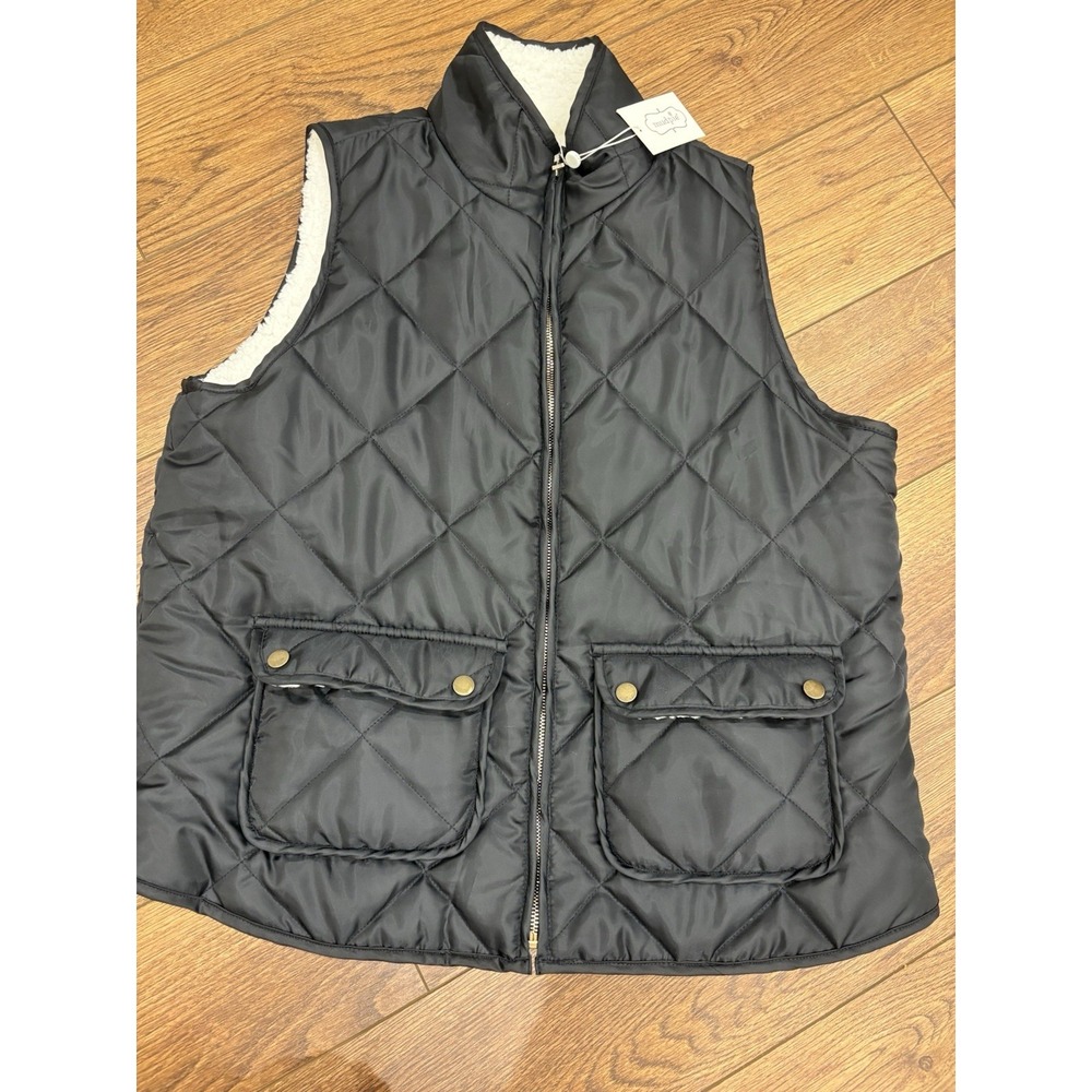 NWT Mud Pie Sherpa Lined Black Puffer Vest Women's Size Large L Zip Front